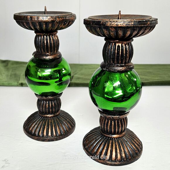 Vtg Rare Metallic Green Chunky Candlestick Candle Holder Set of 2 Festive Decor - Picture 1 of 12